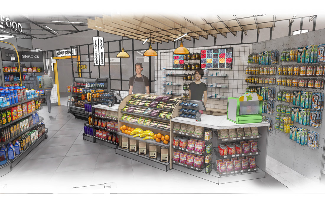 3D rendering of shop and servery at DCU