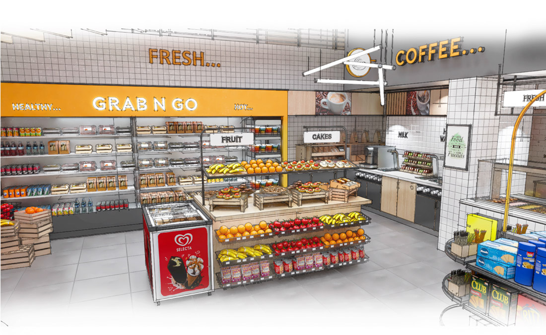 3D rendering of shop and coffee station at DCU