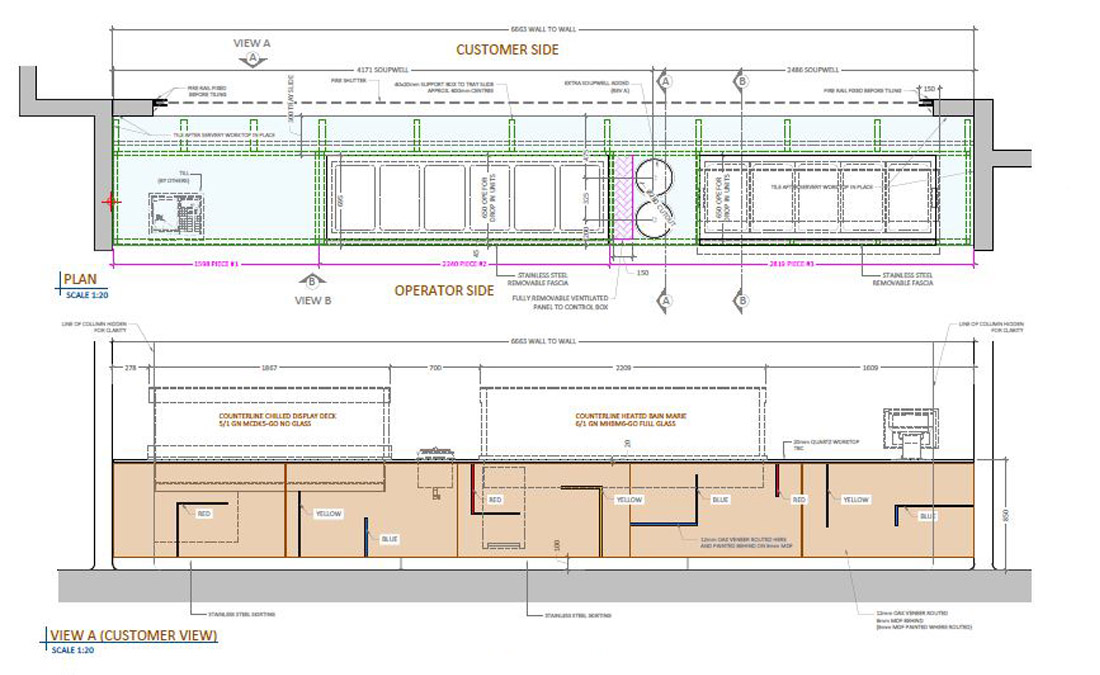 Plan and elevation of GSH servery space on 5th floor