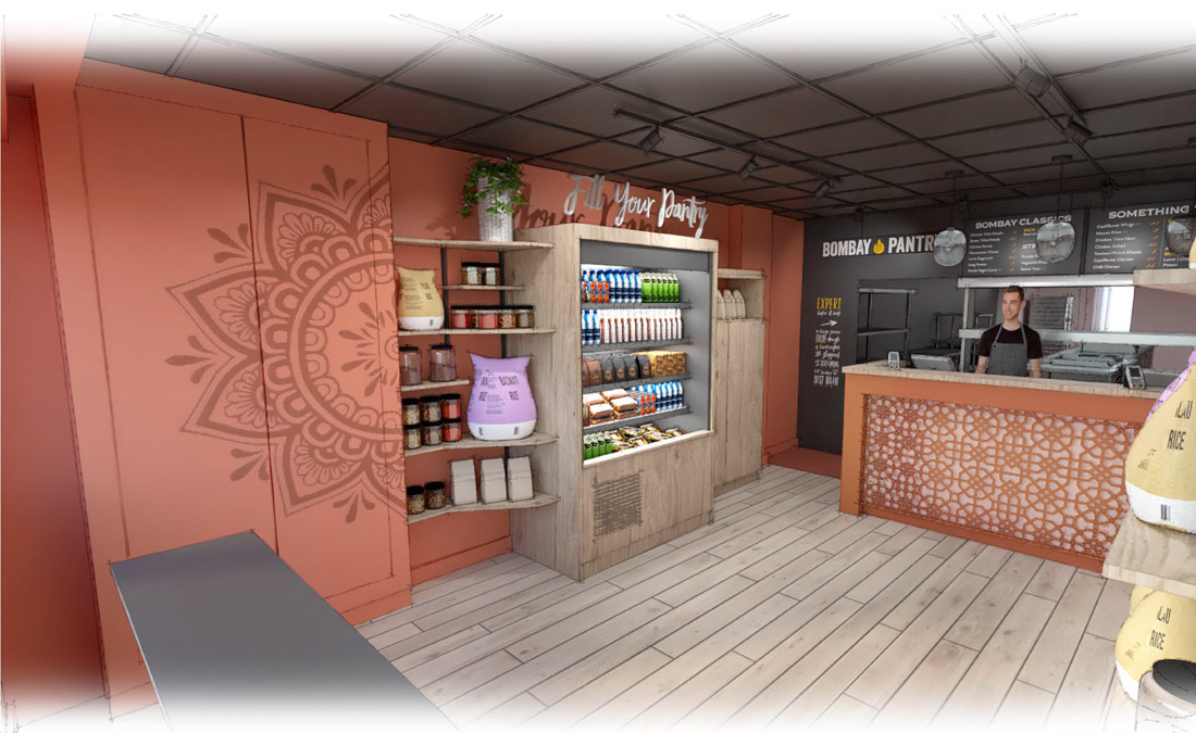 3D render showing dry-goods shevling and cold retail