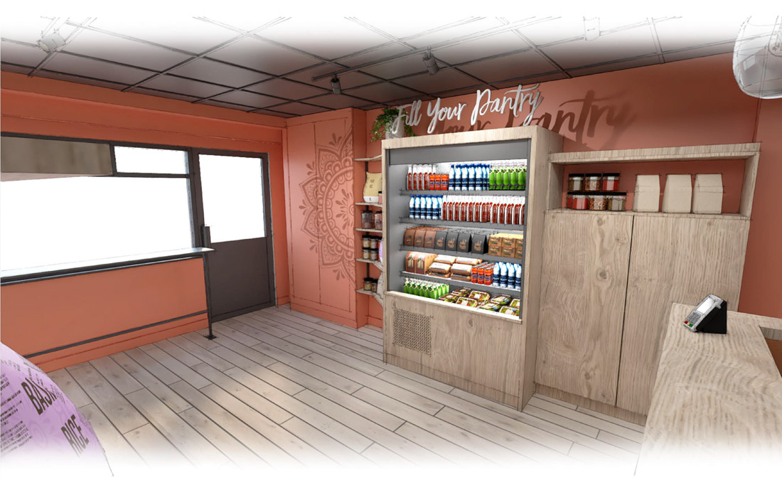 3D render showing dry-goods shevling and cold retail