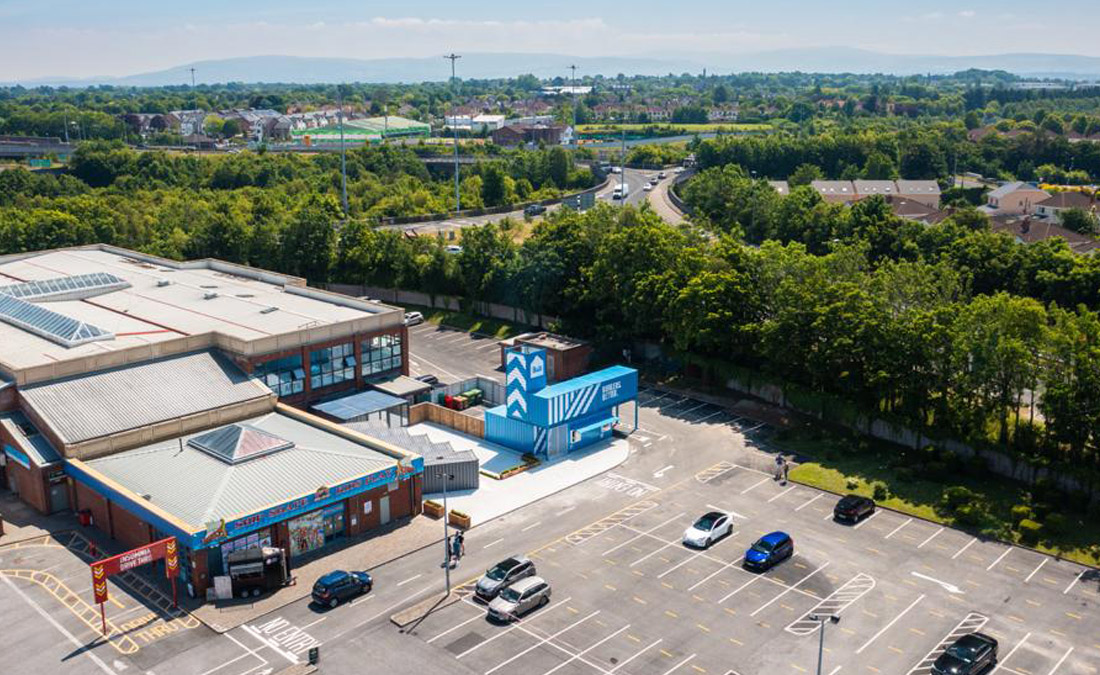 Aerial View of shipping container restaurant - Bujo Burgers