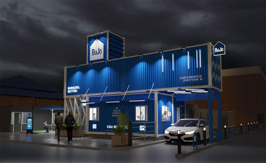 3D night rendering of container restaurant - Bujo Burgers