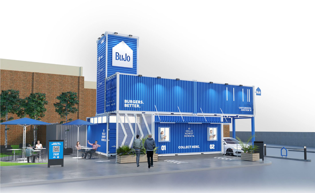 Exterior 3D rendering container restaurant - Bujo Burgers