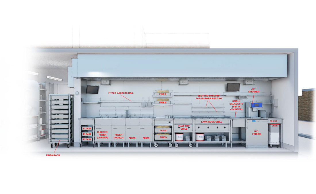 3D Section of shipping container restaurant - Bujo Burgers