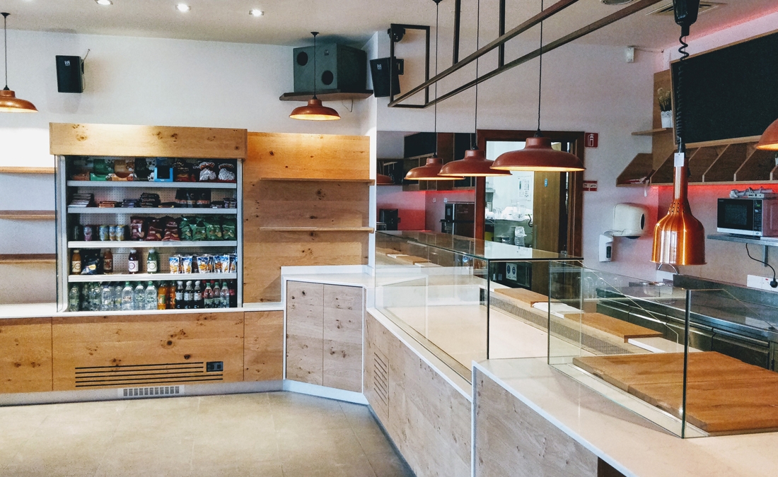 Wood clad front servery space at Carcass restaurant