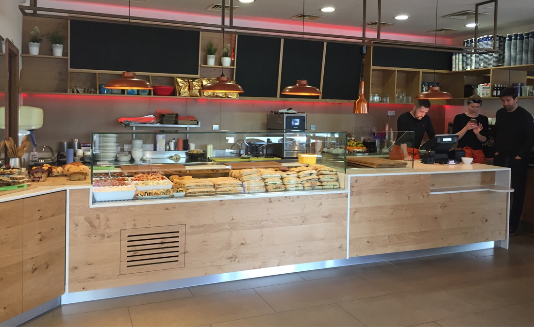 Wood clad front deli space at Carcass restaurant