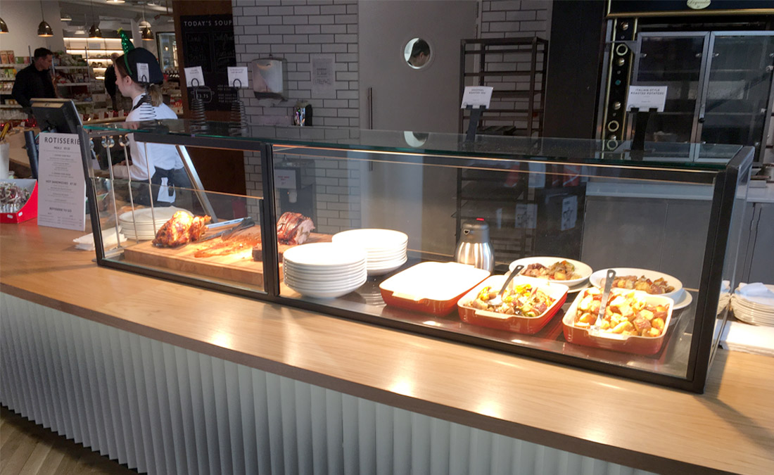 Hot servery space with wood counter top for Fallon and Byrne