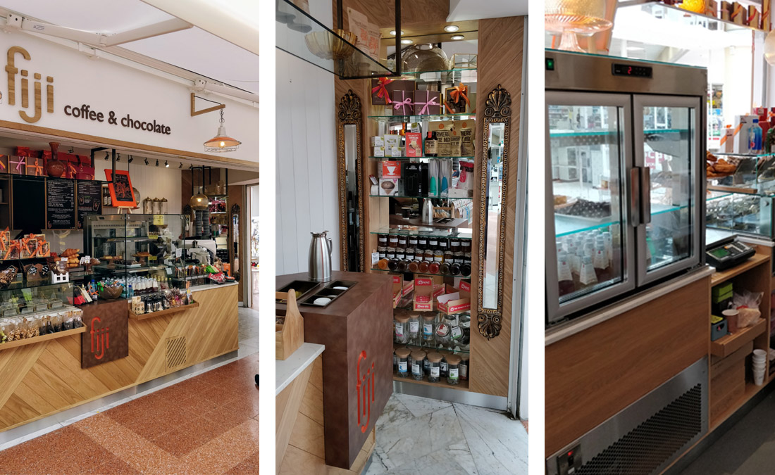 Exterior and interior renovation of Fiji coffee bar showing storage space and cold servey