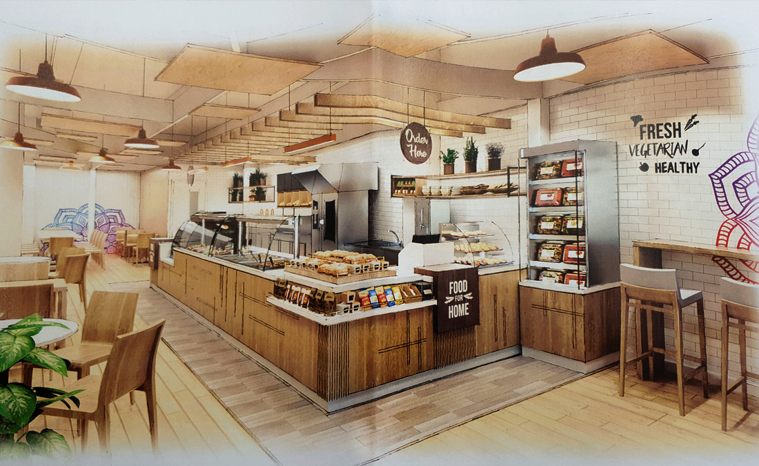 3D rendering of Govindas showing wood materials and white counter top. Cold storage to the right.