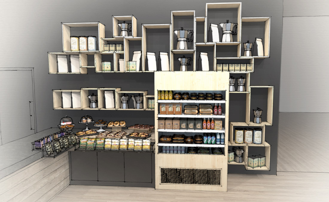 3D render of shelf design beside the front counter for Joe's Cafe