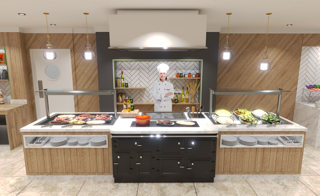 3D render of cold buffet and cooking space at Kelly's Rosslare