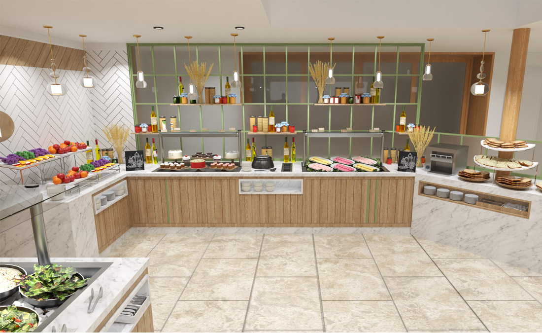 3D render of buffet servery space with stone, tile and wood finishes at Kelly's Rosslare