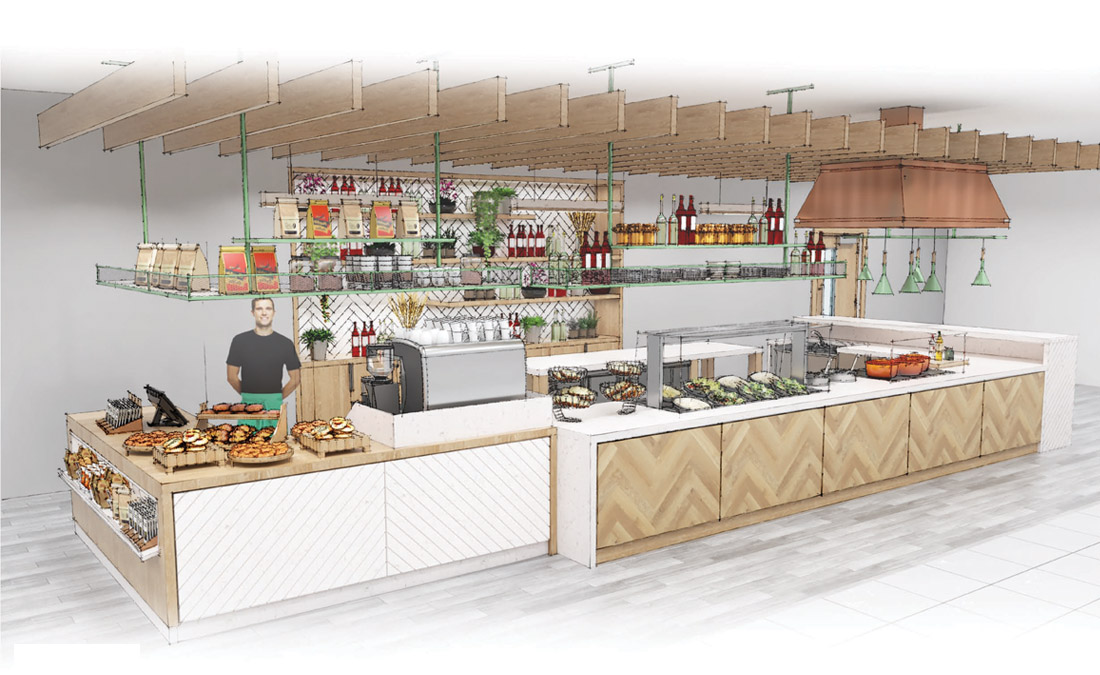 3D render of servery space with white stone and beech wood