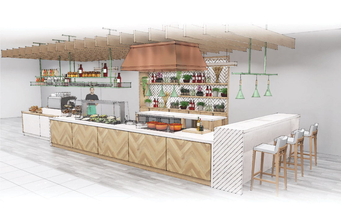 3D render of servery space with white stone and beech wood