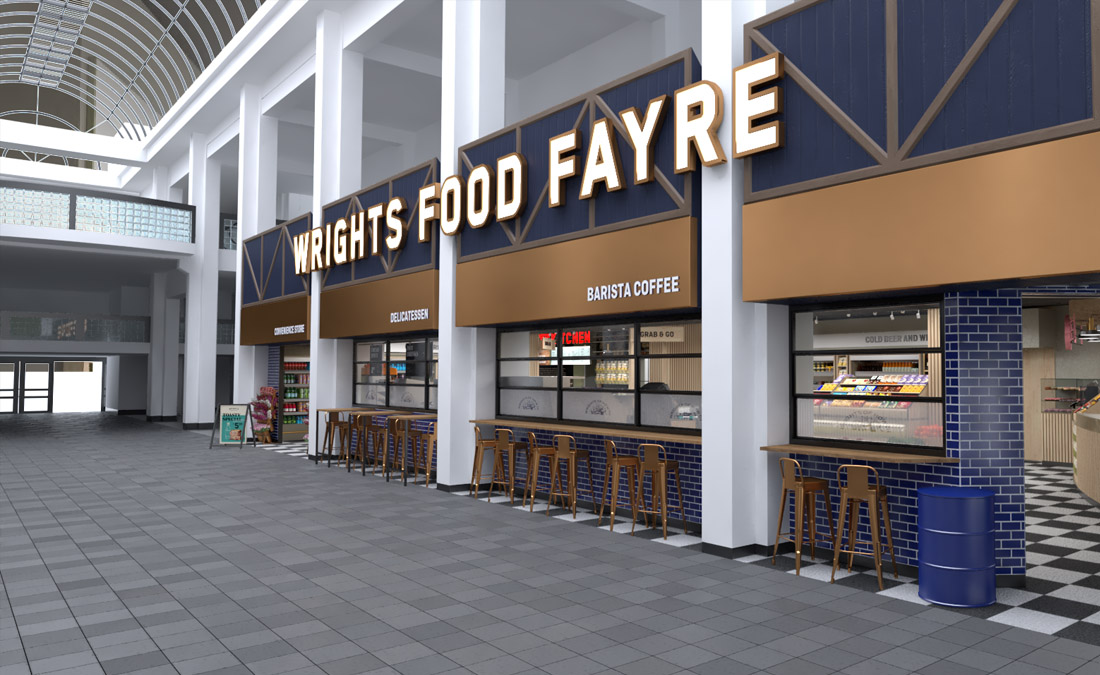 Exterior 3D rendering of Wrights Food Fayre