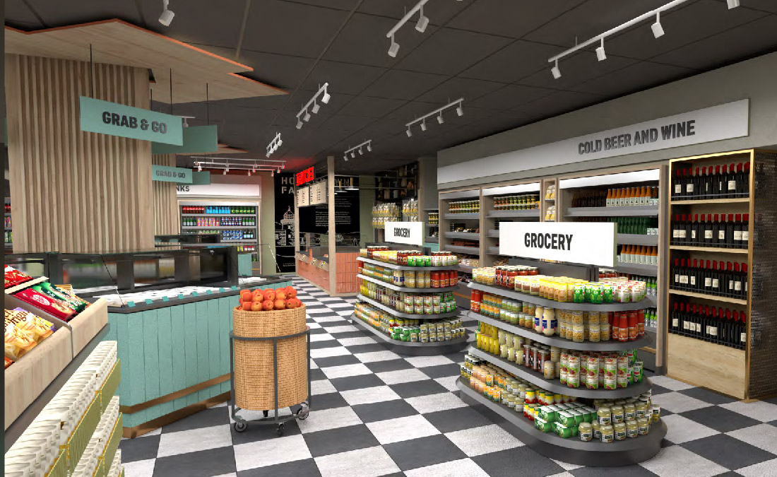 Exterior 3D rendering of Wrights Food Fayre showing dry goods and cold retail