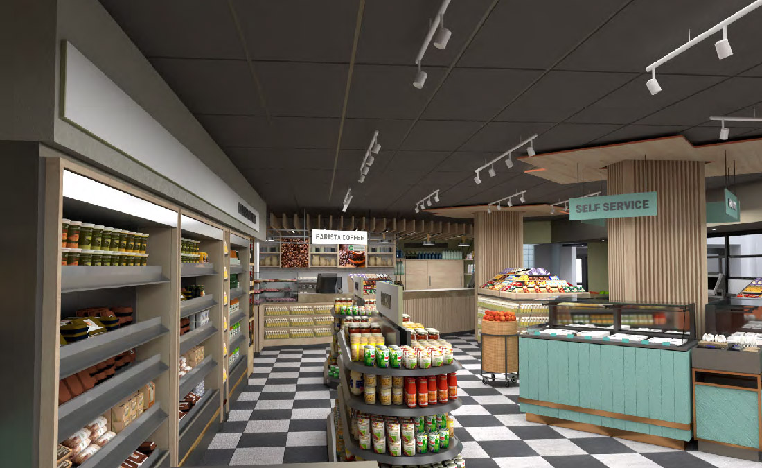 Exterior 3D rendering of Wrights Food Fayre showing dry goods, cold retail and servery space