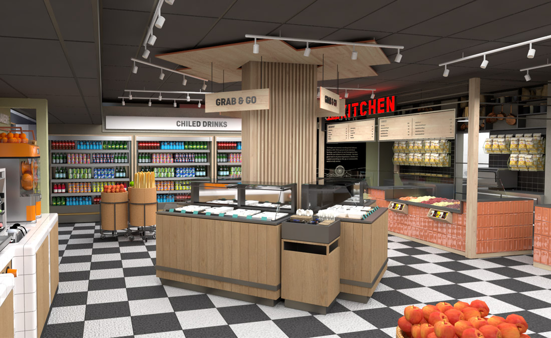 Exterior 3D rendering of Wrights Food Fayre showing dry goods, cold retail and servery space