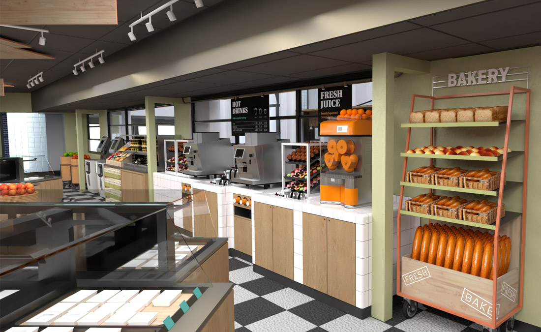 Exterior 3D rendering of Wrights Food Fayre showing juicing station